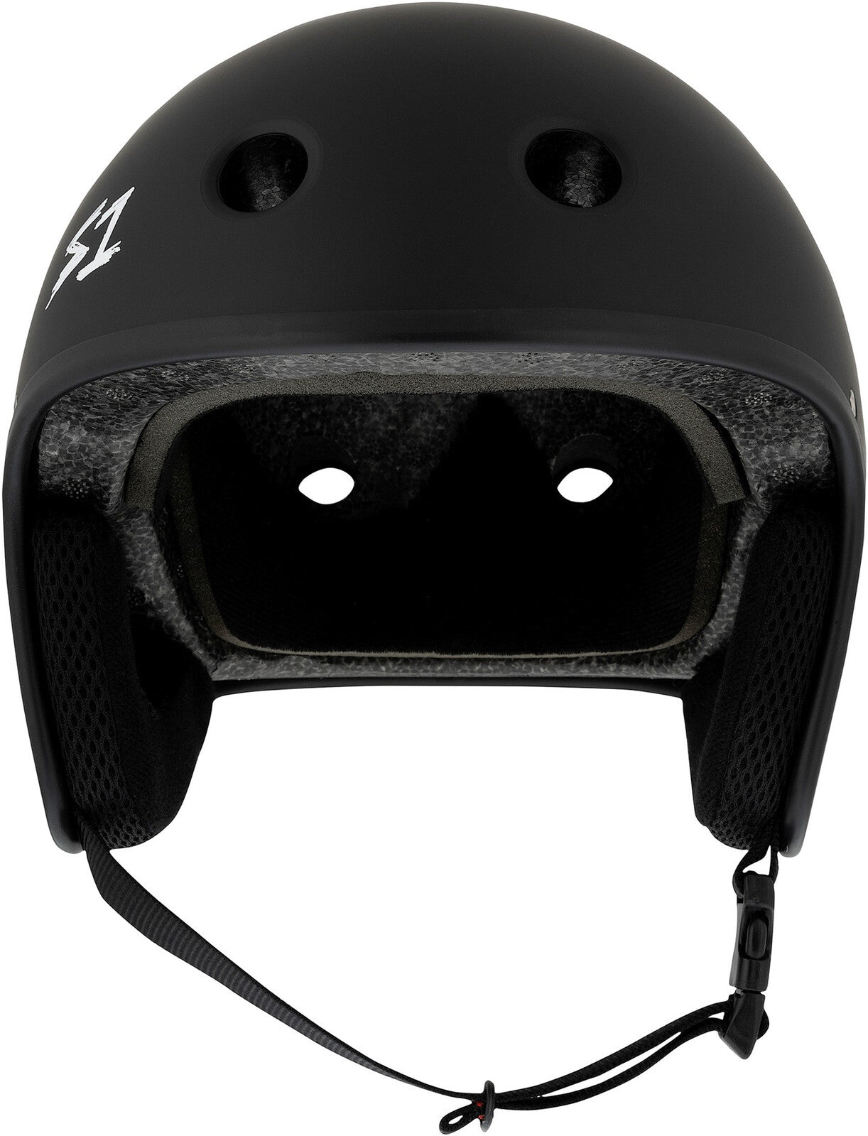 A front view of the S-One Helmet Retro Lifer E-Helmet in Black Matte, featuring ventilation holes, inner padding, and a chin strap.