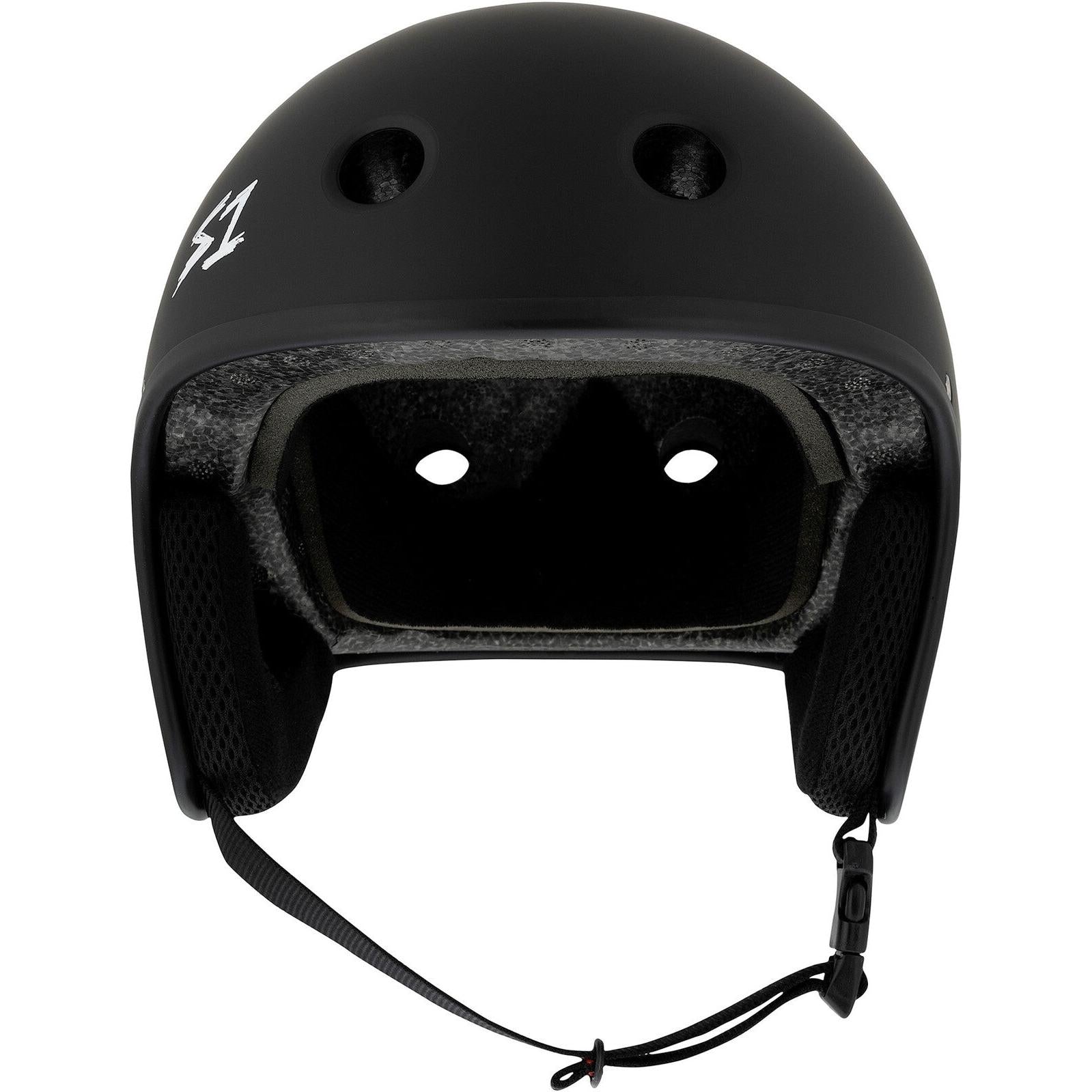 A front view of the S-One Helmet Retro Lifer E-Helmet in Black Matte, featuring ventilation holes, inner padding, and a chin strap.
