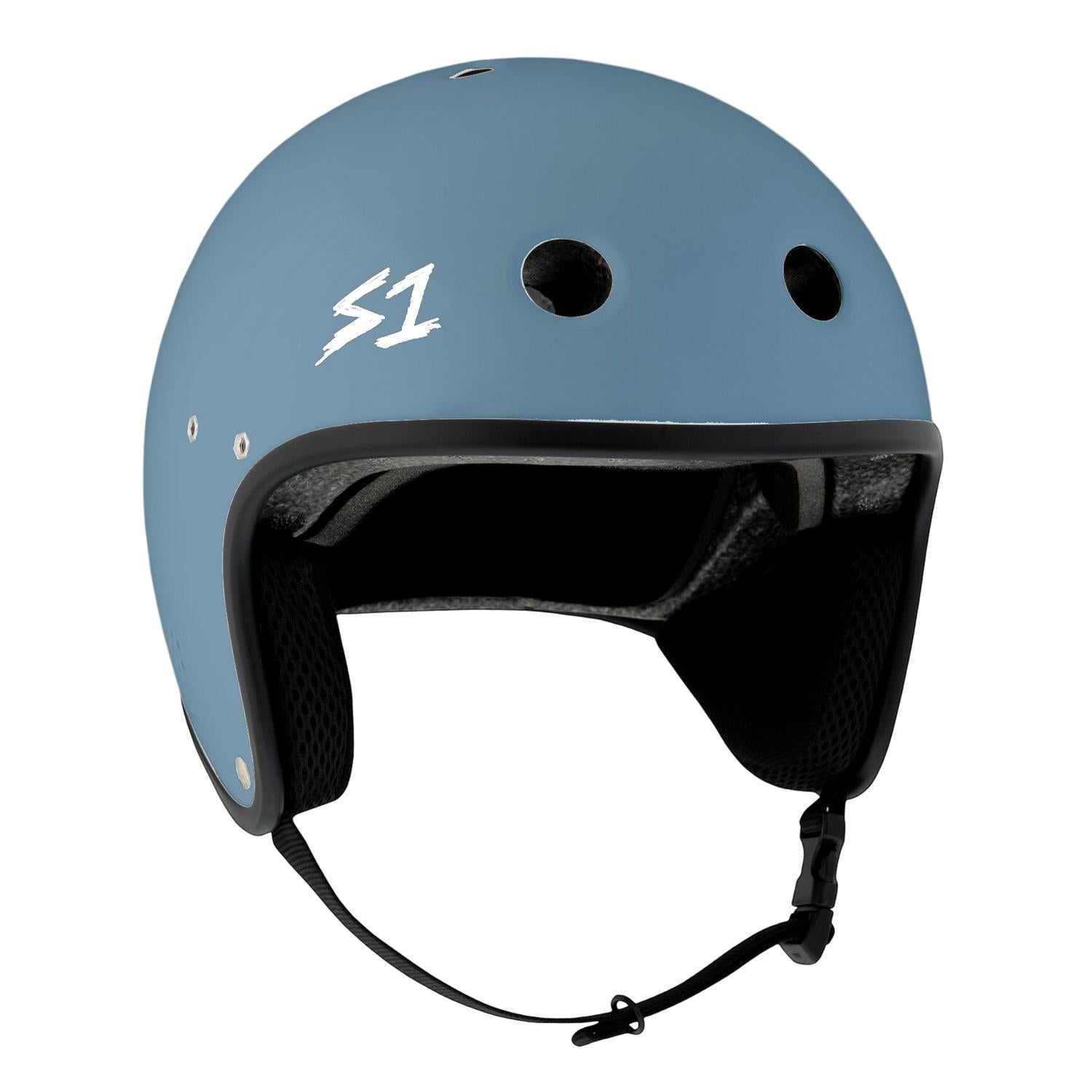 An S-One Helmet Retro Lifer E-Helmet in Ocean Matte, featuring black padding, ventilation holes, and an adjustable chin strap for multi-impact protection, is displayed against a white background.