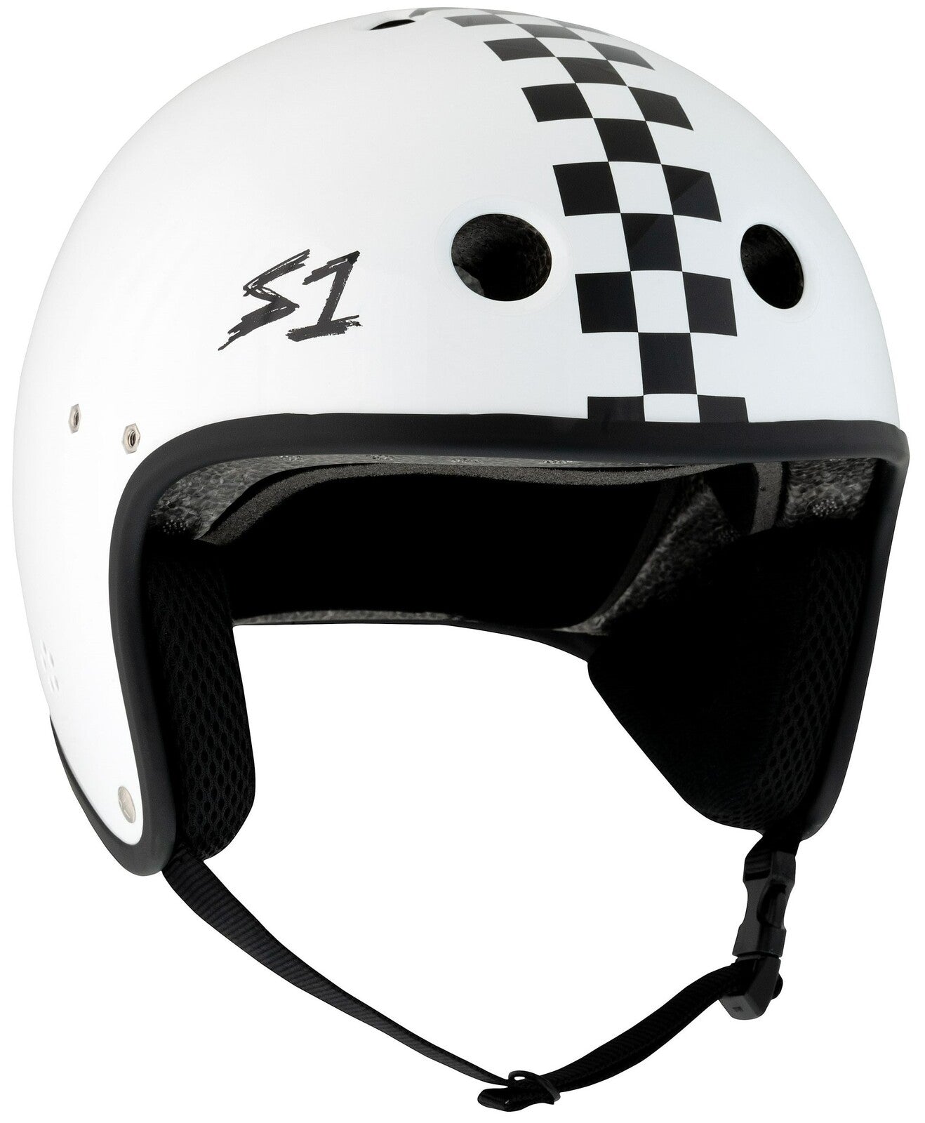 The S-One Helmet Retro Lifer E-Helmet in White Gloss with Black Checkers features ear protection, a chin strap, and the "S1" logo. Ideal E-bike helmet for riders who value both style and safety.