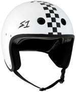 The S-One Helmet Retro Lifer E-Helmet in White Gloss with Black Checkers features ear protection, a chin strap, and the "S1" logo. Ideal E-bike helmet for riders who value both style and safety.