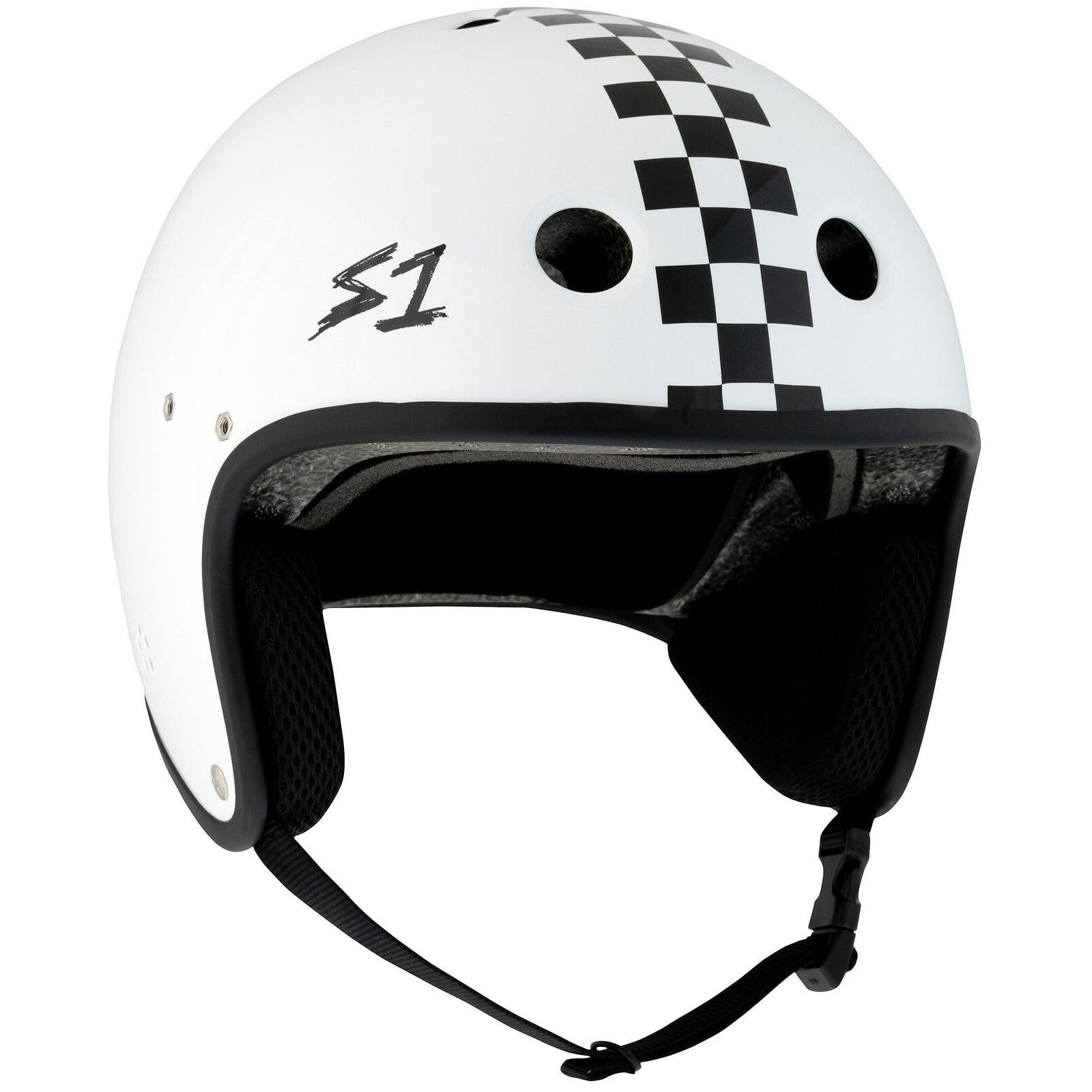 The S-One Helmet Retro Lifer E-Helmet in White Gloss with Black Checkers features ear protection, a chin strap, and the "S1" logo. Ideal E-bike helmet for riders who value both style and safety.