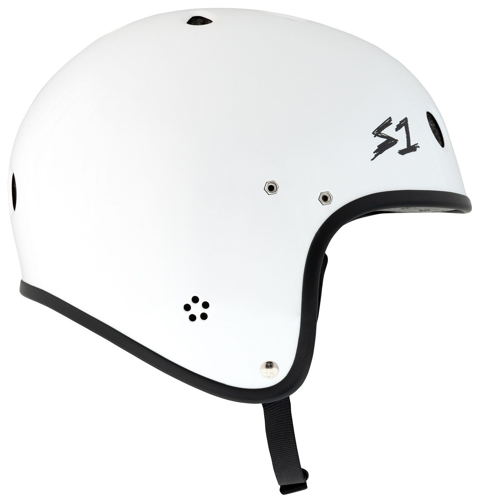 The S-One Helmet Retro Lifer E-Helmet in white gloss with black checkers features ventilation holes, an adjustable chin strap, and "S1" printed on the side for multi-sport use.