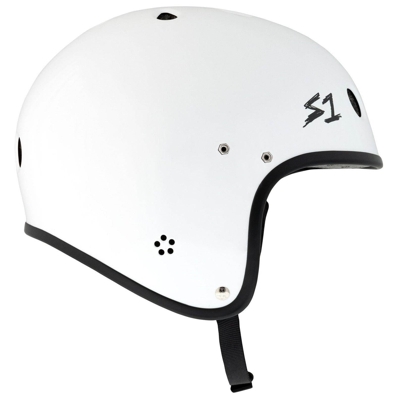 The S-One Helmet Retro Lifer E-Helmet in white gloss with black checkers features ventilation holes, an adjustable chin strap, and "S1" printed on the side for multi-sport use.