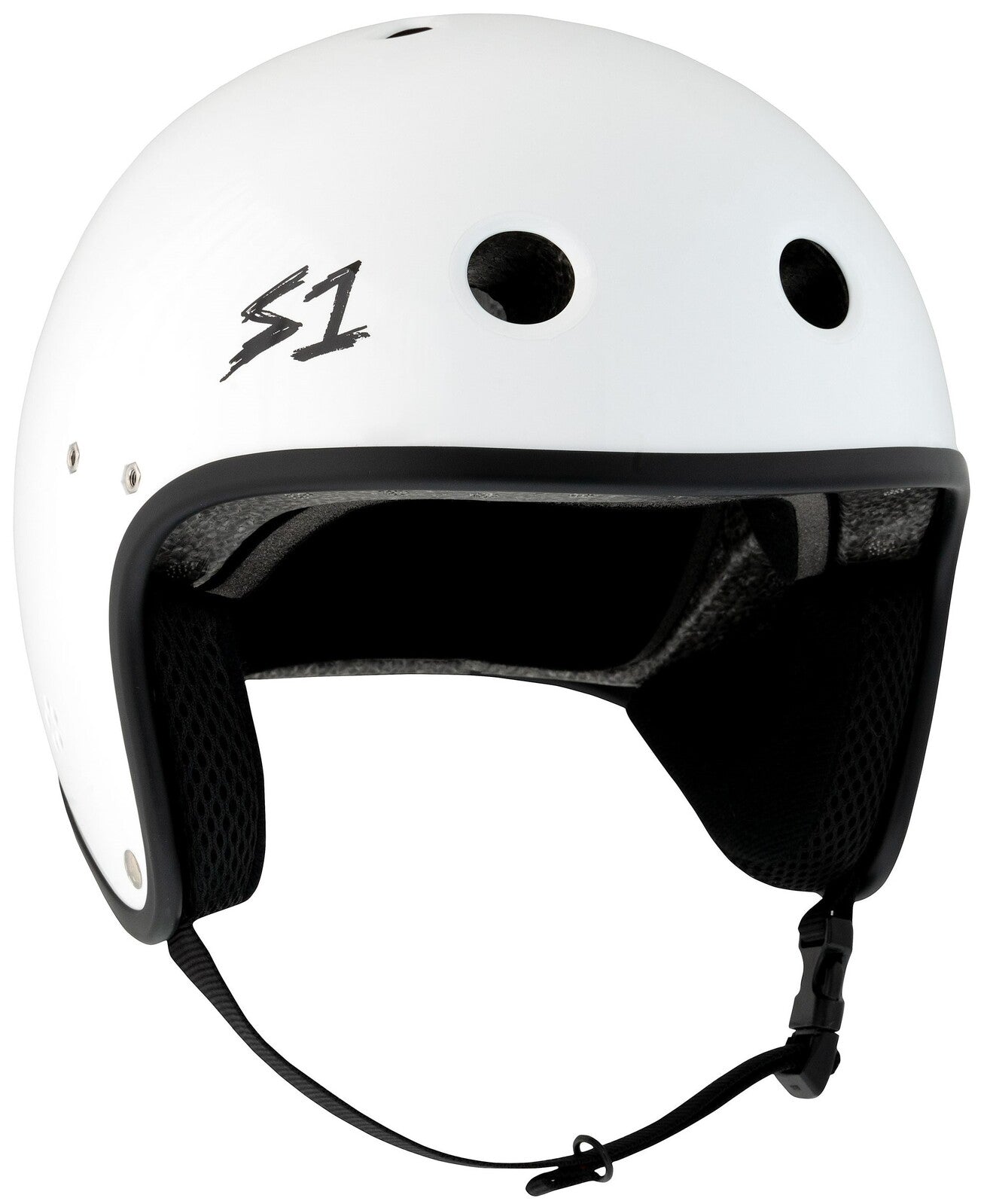 The S-One Helmet Retro Lifer E-Helmet in White Gloss features NTA 8776 certification, ventilation holes, black interior padding, an adjustable chin strap, and an "S1" logo on the side.