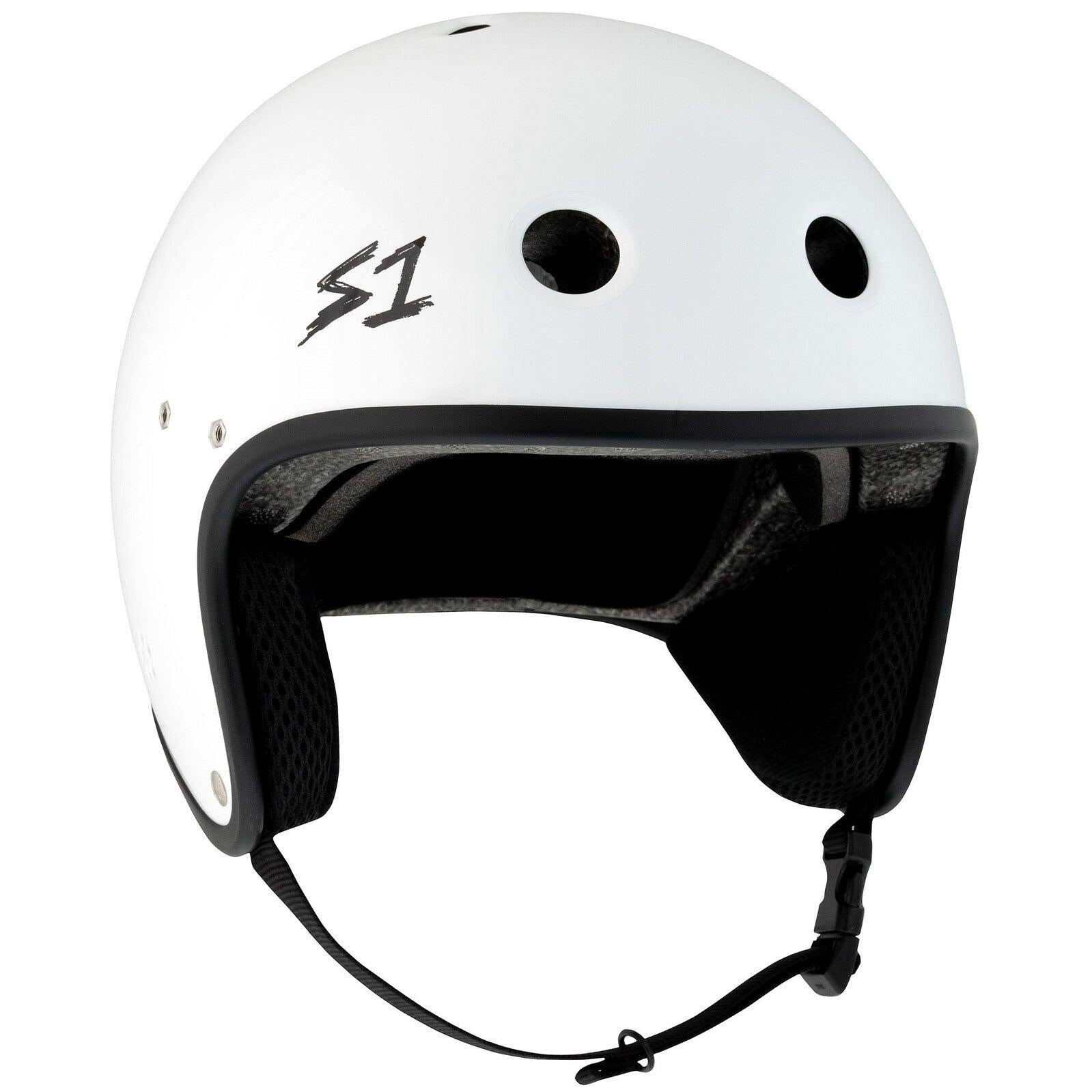The S-One Helmet Retro Lifer E-Helmet in White Gloss features NTA 8776 certification, ventilation holes, black interior padding, an adjustable chin strap, and an "S1" logo on the side.