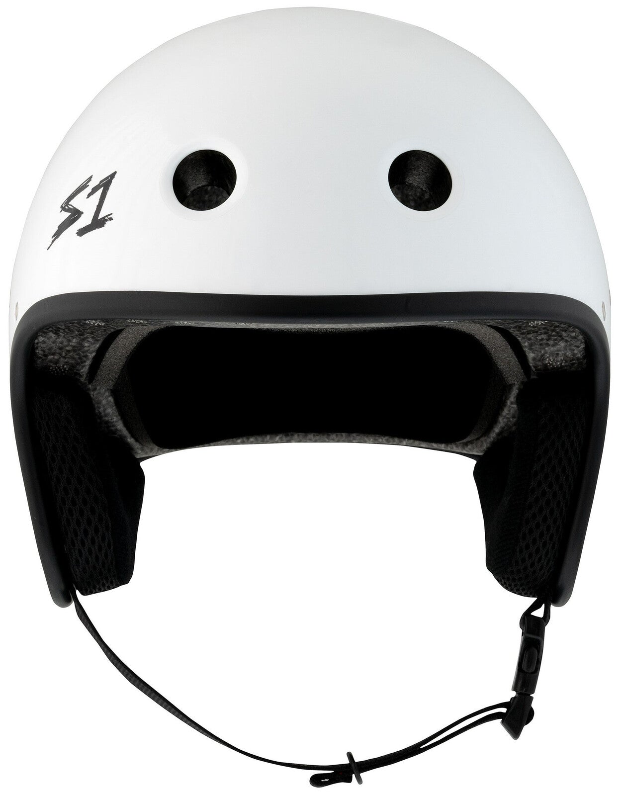 The S-One Helmet Retro Lifer E-Helmet in White Gloss features two front vents, black inner padding, a black chin strap, and an "S1" logo on the left side.