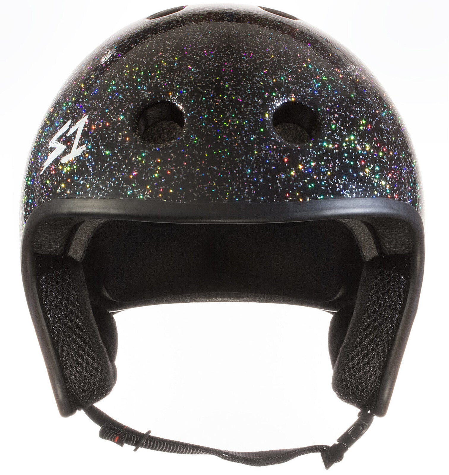 The S-One Helmet Retro Lifer Black Gloss Glitter features ventilation holes and a padded interior. Front view.