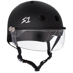 S-One Lifer Visor Helmet in matte black features a clear visor, an adjustable black chin strap, three vents for airflow, and a white "S1" logo on the front left. This ASTM certified helmet delivers exceptional protection and style for skateboarders.