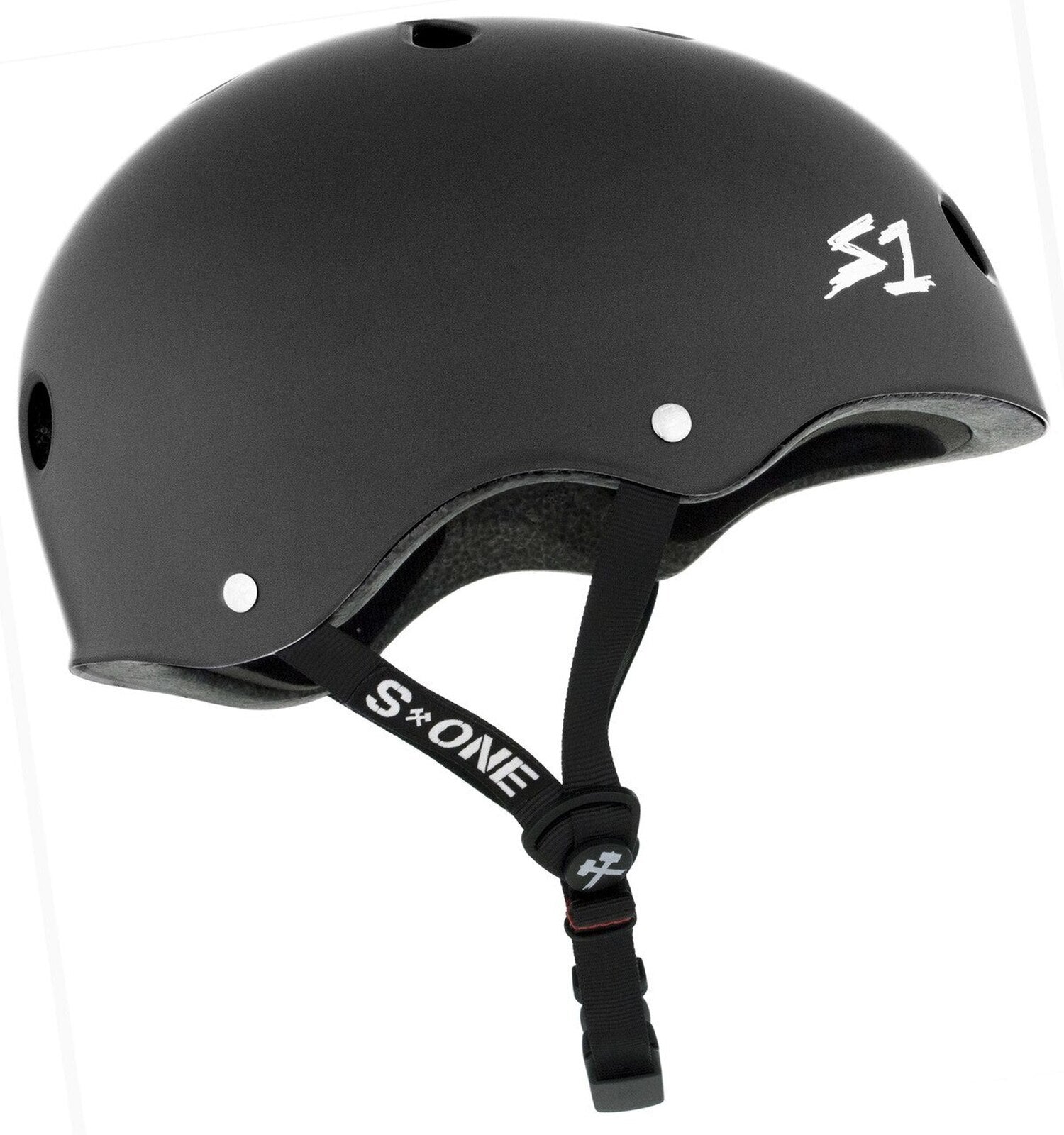 A dark grey matte S-One Helmet Mega Lifer with ventilation holes, an adjustable chin strap, and the brand logo on the side.