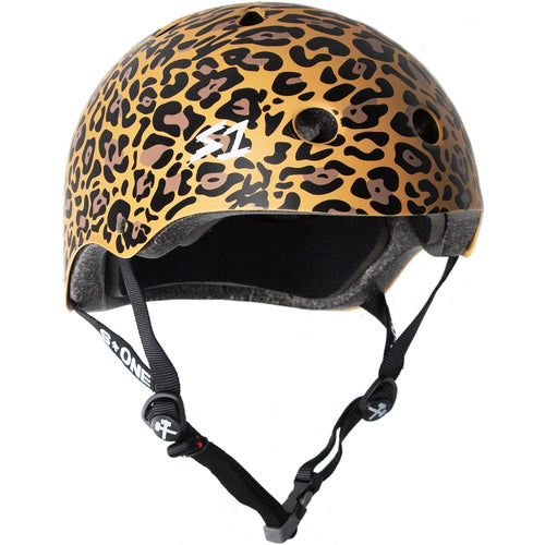 The S-One Helmet Mega Lifer / Leopard features a brown and black leopard print, multiple impact protection, a black adjustable chin strap, and ventilation holes.