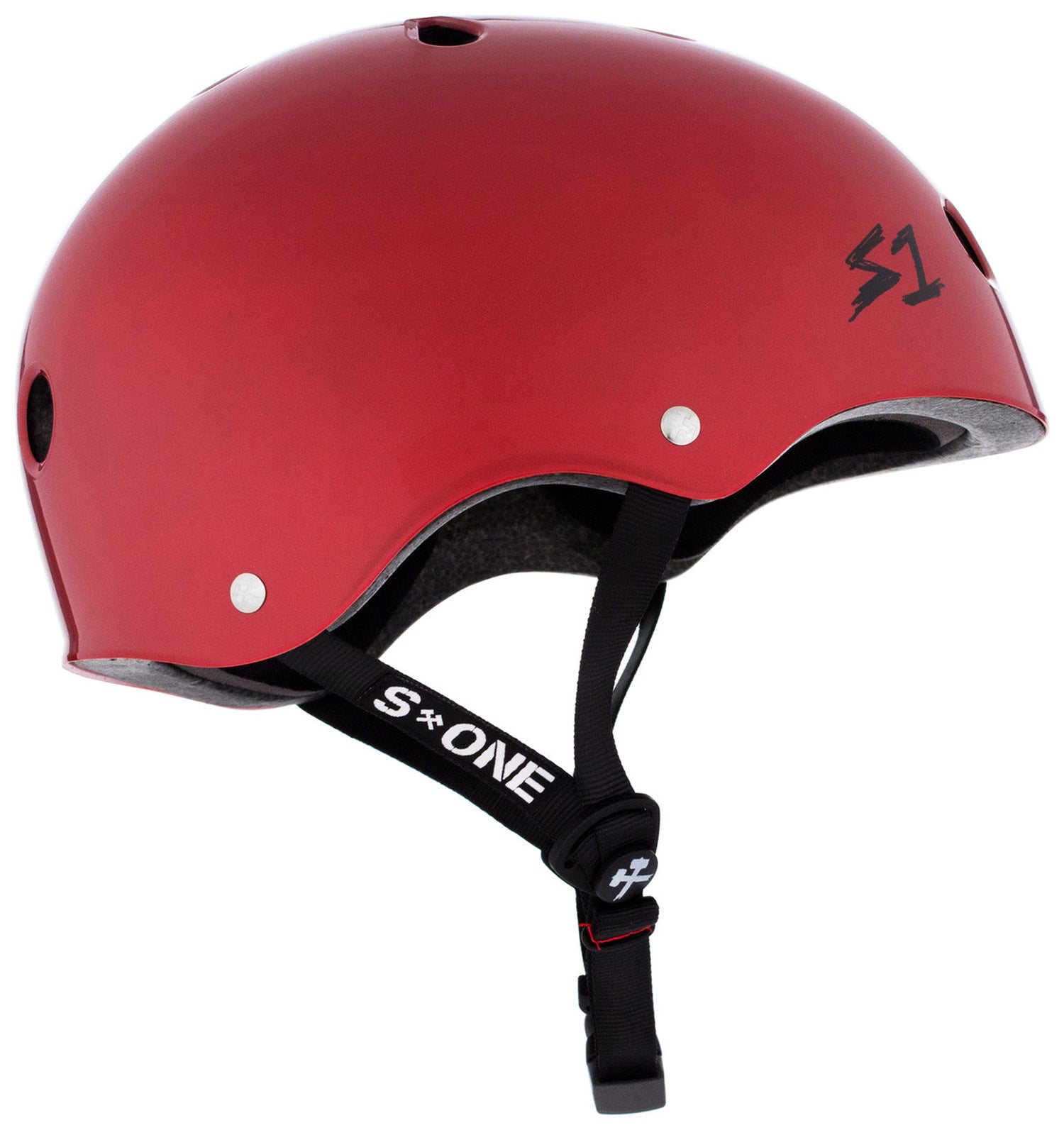 A glossy blood red S-One Helmet Mega Lifer with black straps, ventilation holes, an "S1" logo on the side, and EPS Fusion Foam for multi-impact protection.