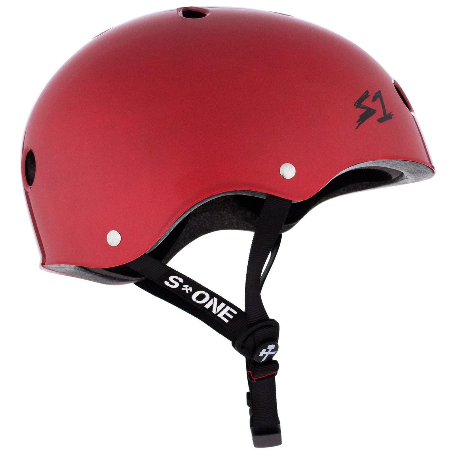 A glossy blood red S-One Helmet Mega Lifer with black straps, ventilation holes, an "S1" logo on the side, and EPS Fusion Foam for multi-impact protection.
