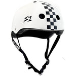 The S-One Helmet Mega Lifer in White Gloss/Black Checkers features a "S1" logo on the side, black checkered stripe, black interior padding, EPS Fusion Foam for multi-impact protection, and an adjustable black S-ONE chin strap.