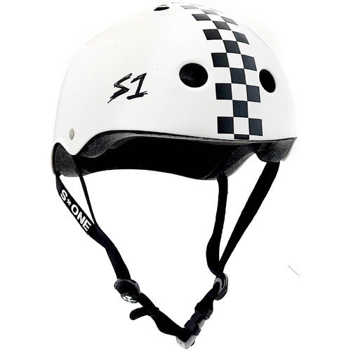 The S-One Helmet Mega Lifer in White Gloss/Black Checkers features a "S1" logo on the side, black checkered stripe, black interior padding, EPS Fusion Foam for multi-impact protection, and an adjustable black S-ONE chin strap.
