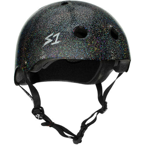 The S-One Helmet Mega Lifer in Black Gloss Glitter features a larger shell, ventilation holes, an adjustable chin strap, and a white "S1" logo on the front left for multiple impact protection.