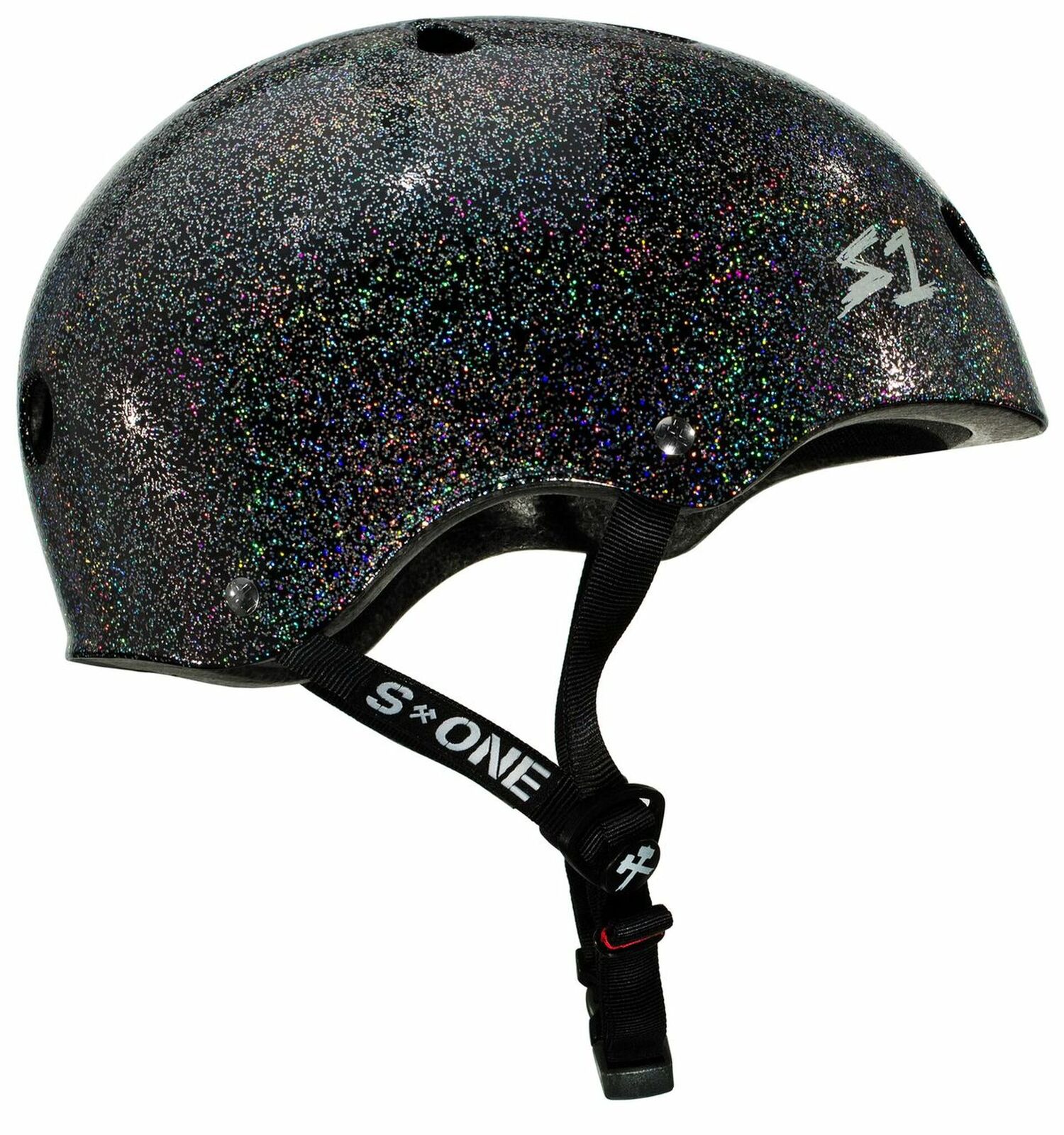 The S-One Helmet Mega Lifer in Black Gloss Glitter, shown against a white background, features an adjustable chin strap and delivers certified skate helmet safety with multi-impact protection.