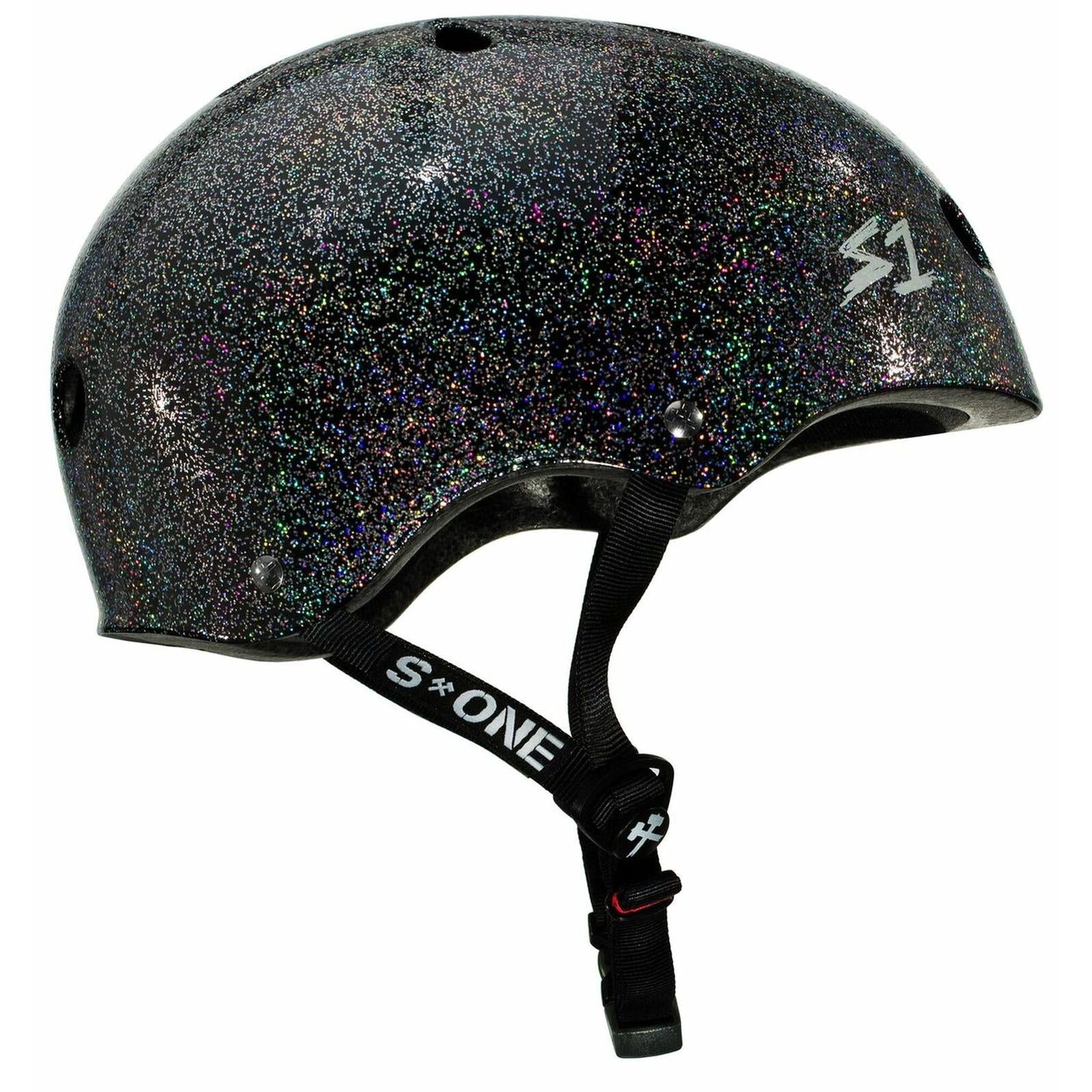 The S-One Helmet Mega Lifer in Black Gloss Glitter, shown against a white background, features an adjustable chin strap and delivers certified skate helmet safety with multi-impact protection.