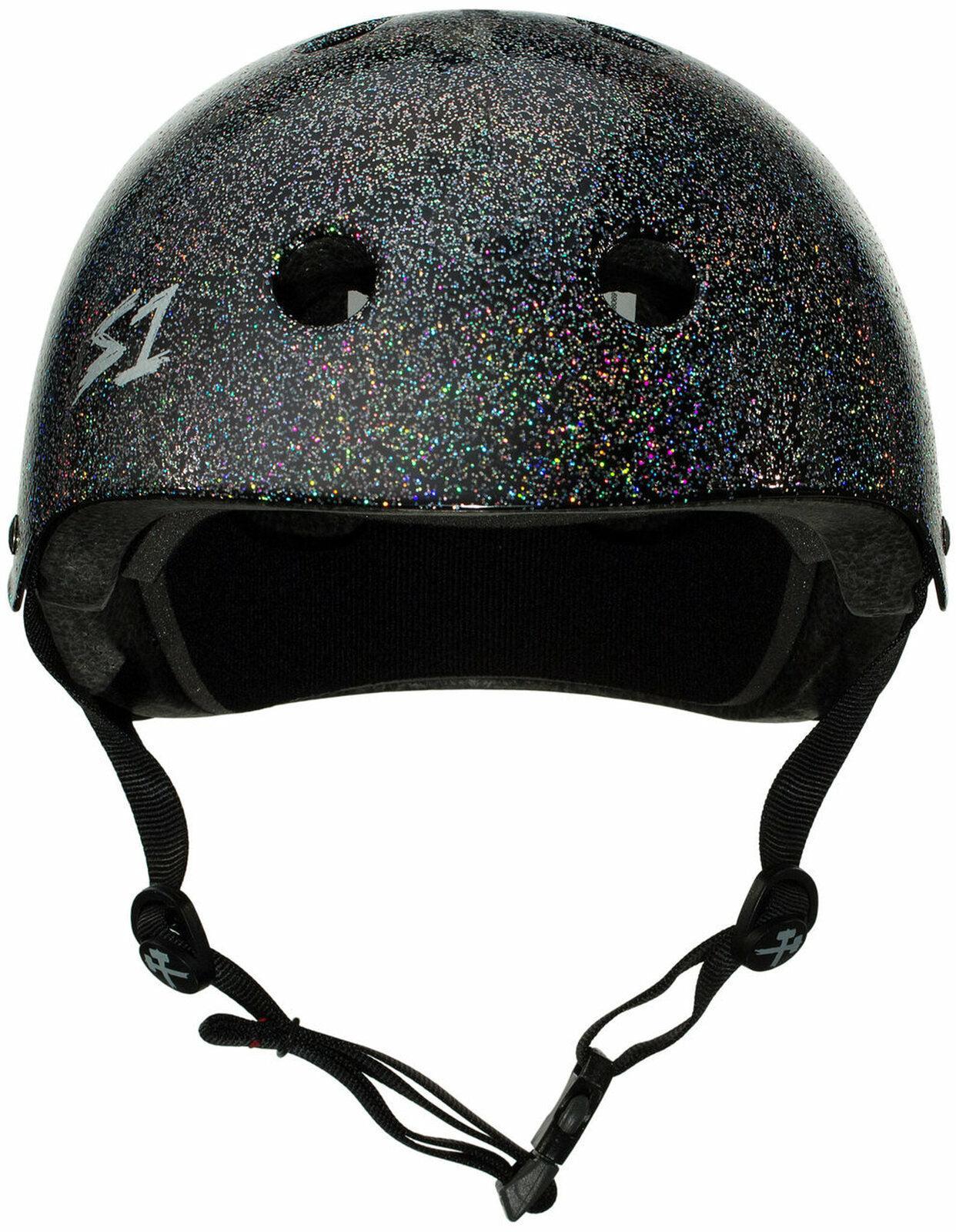 The S-One Helmet Mega Lifer in Black Gloss Glitter features two front air vents, an "S1" left logo, adjustable black straps with buckle, and EPS Fusion Foam for multi-impact protection.