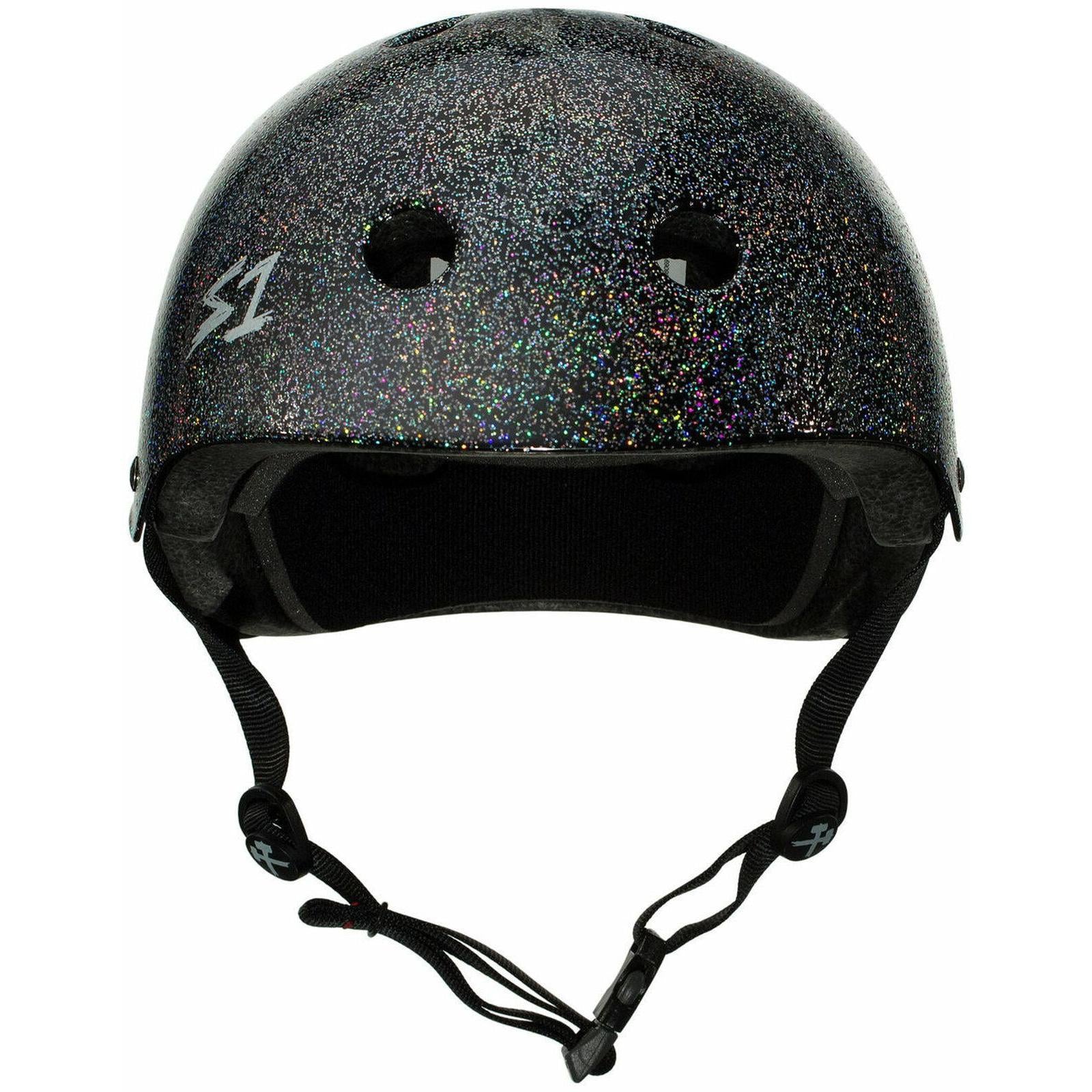 The S-One Helmet Mega Lifer in Black Gloss Glitter features two front air vents, an "S1" left logo, adjustable black straps with buckle, and EPS Fusion Foam for multi-impact protection.