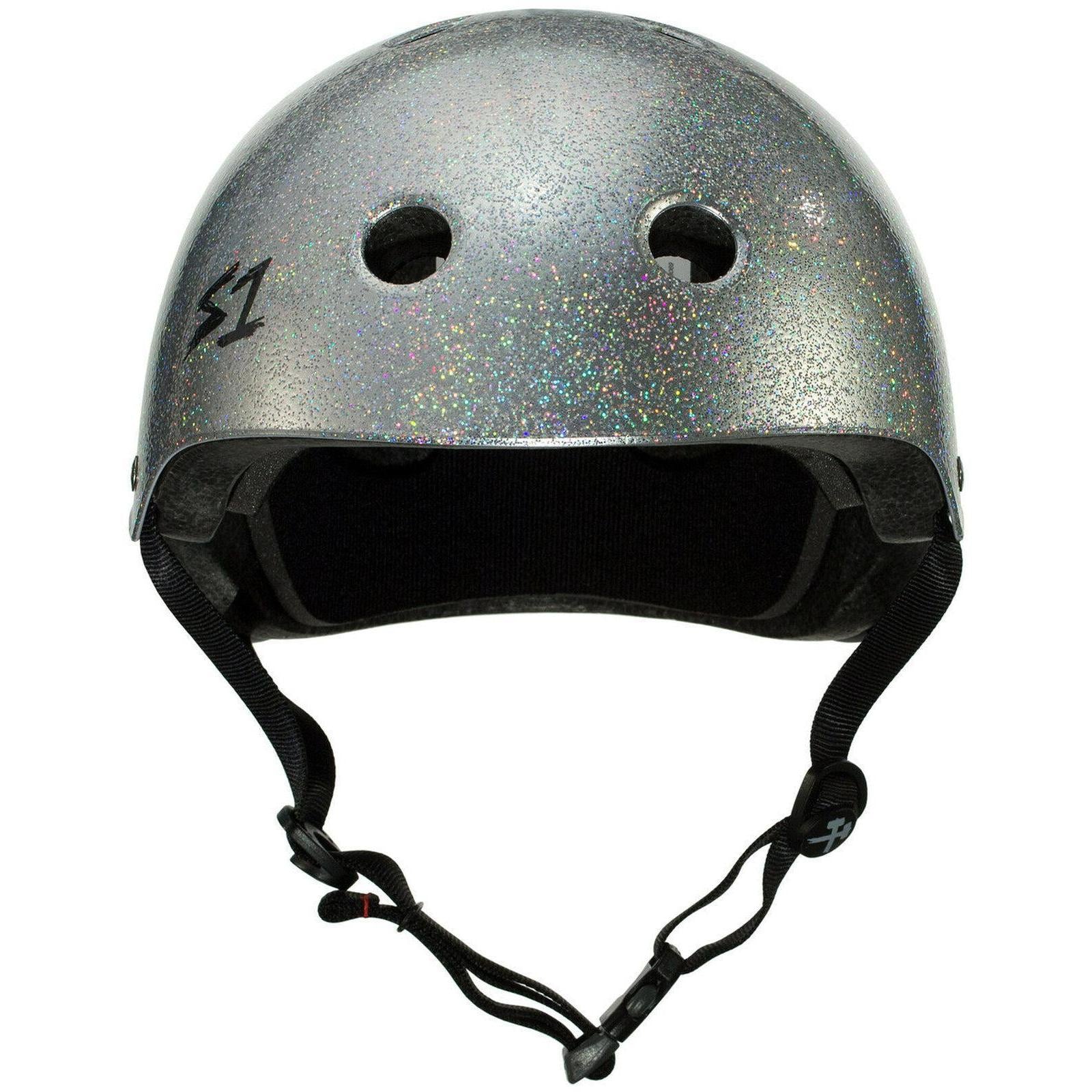 The S-One Helmet Mega Lifer in Silver Glitter features EPS Fusion Foam for multi-impact protection, ventilation holes, black interior padding, and an adjustable chin strap.