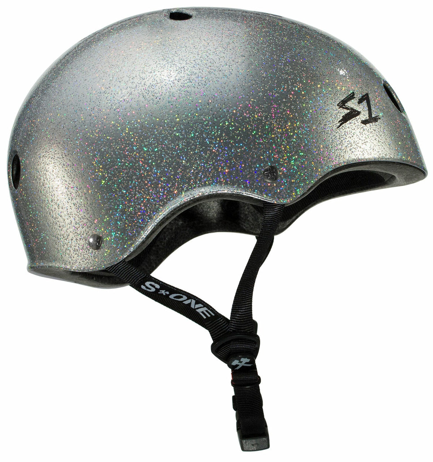 The S-One Helmet Mega Lifer in Silver Glitter features EPS Fusion Foam for multiple impact protection, a black adjustable chin strap, ventilation holes, and the S1 logo on the side.