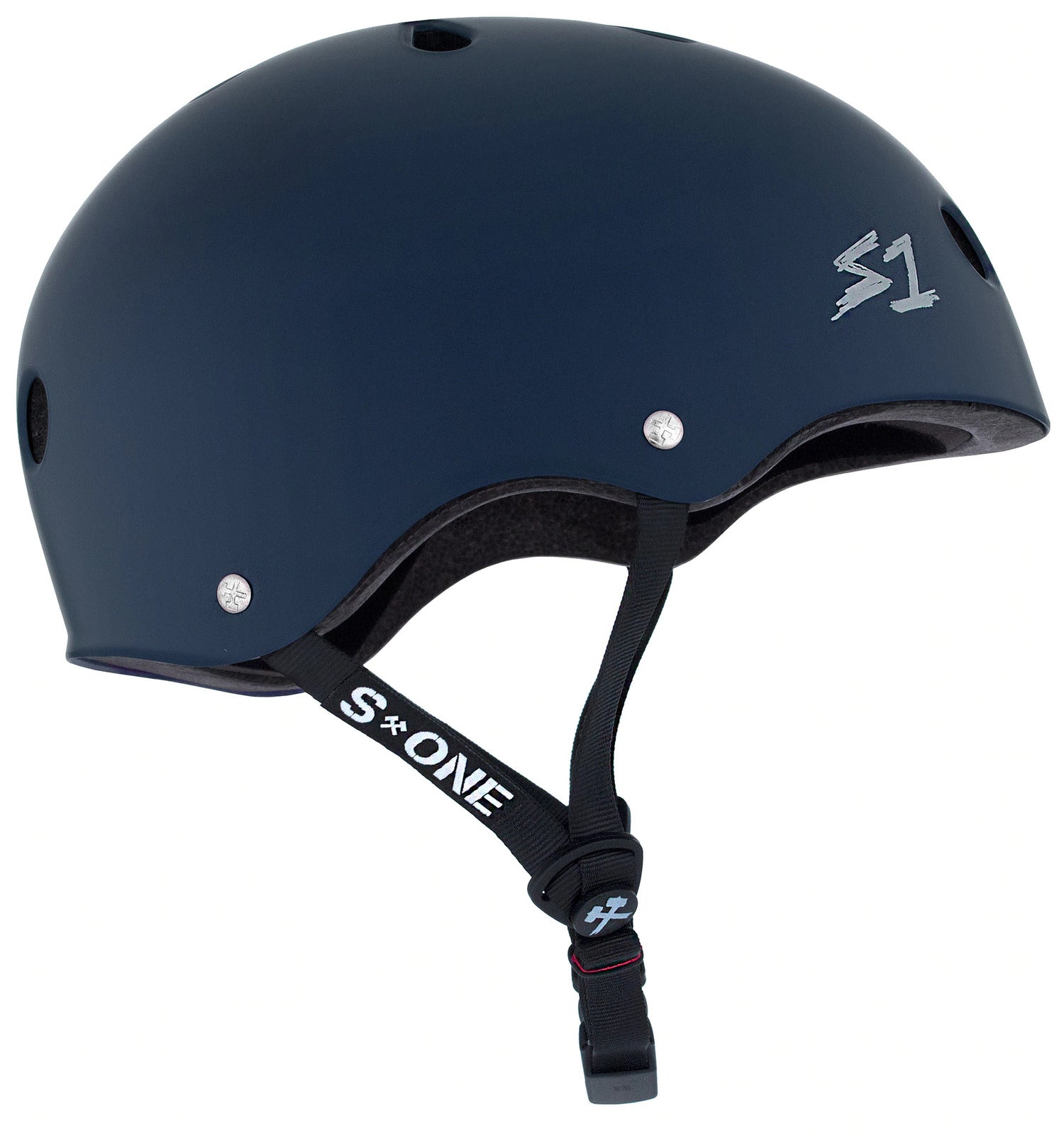 The S-One Helmet Mega Lifer in Navy Matte has ventilation holes, an adjustable black chin strap, the "S1" logo on the side, and features EPS Fusion Foam for multi-impact protection.