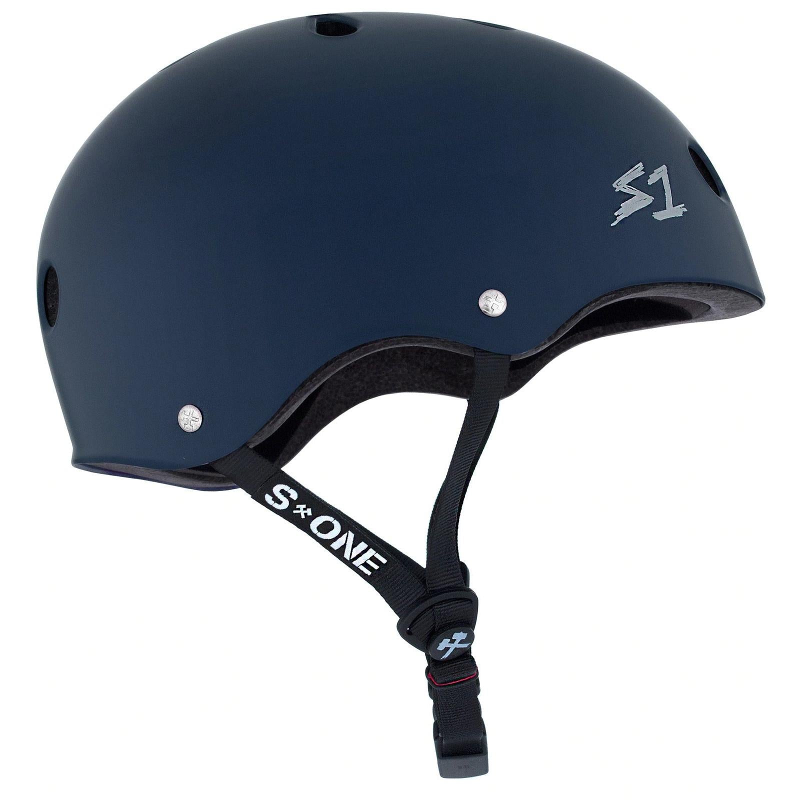 The S-One Helmet Mega Lifer in Navy Matte has ventilation holes, an adjustable black chin strap, the "S1" logo on the side, and features EPS Fusion Foam for multi-impact protection.