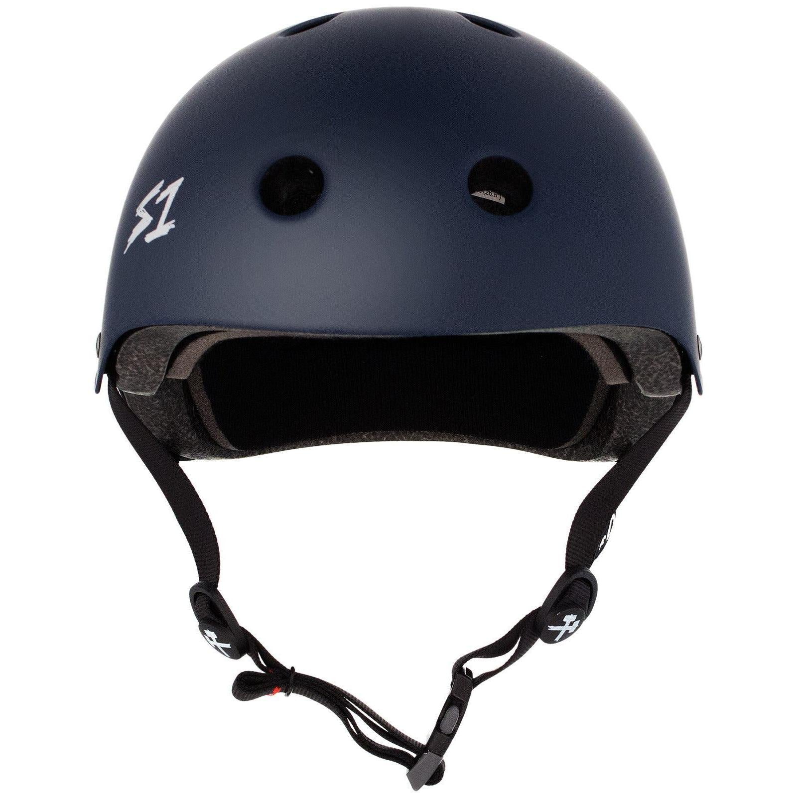 The S-One Helmet Mega Lifer in Navy Matte features ventilation holes, black interior padding, an adjustable black chin strap, and EPS Fusion Foam for multiple impact protection. Shown from the front.