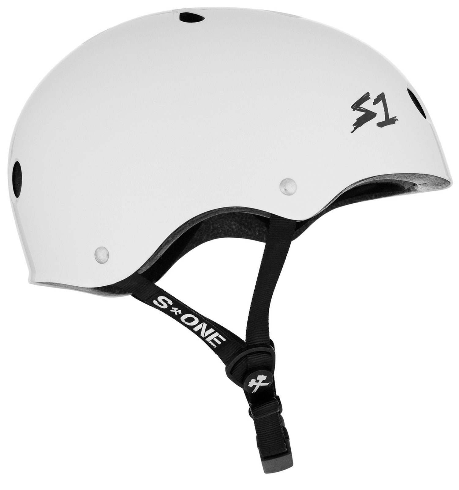 The S-One Helmet Mega Lifer in White Gloss features EPS Fusion Foam for multi-impact protection, ventilation holes, a black adjustable chin strap, and the S1 logo on the side.