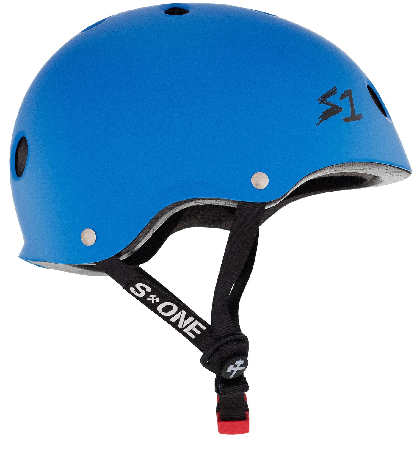 A S-One Helmet Mini Lifer Cyan Matte featuring black straps, a red clasp, and advanced EPS Fusion Foam for superior protection.