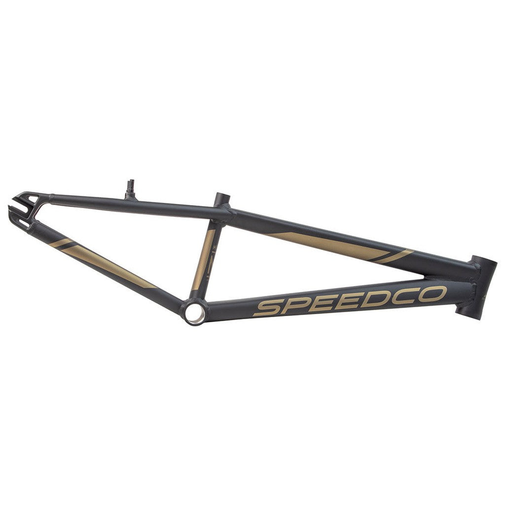 Matte black and gold Speedco M2 Junior Cruiser Frame pictured on a white background, featuring the brand name on the lower tube—one of Speedco’s top youth aluminum frames.