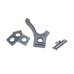 A set of gray screws and nuts for a gray piece of metal. The mounting kit includes the necessary components to securely attach the Speedco M2 Pro Disc Brake Mounting Kit V2 frame to the disc brake system.