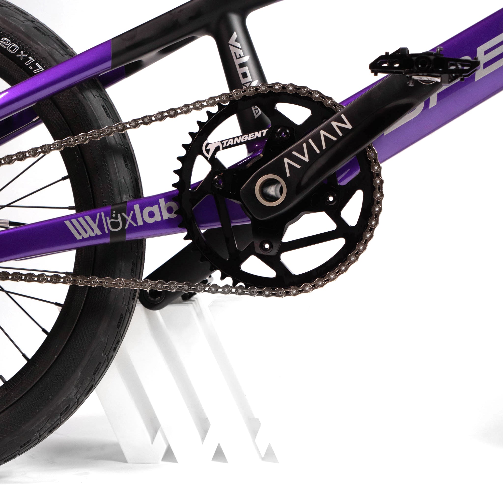 Close-up of a bicycle's rear wheel and chain mechanism, showcasing the AVIAN branded crankset, chainring, and purple frame details. The Speedco Velox Evo Pro XXXL Custom Bike is supported by a white bike stand.