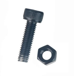 The Speedco EVO Disk Mount Screw, a black metal M5 x 18mm bolt with a matching hex nut, is perfect as a disc mount screw for a Speedco EVO frame and is shown on a white background.