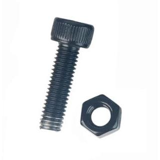 The Speedco EVO Disk Mount Screw, a black metal M5 x 18mm bolt with a matching hex nut, is perfect as a disc mount screw for a Speedco EVO frame and is shown on a white background.