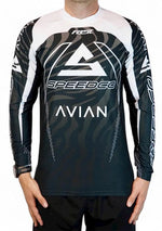 A person wears the Speedco / Avian Race Jersey, a black and white aerodynamic top with "SPEEDCO" and "AVIAN" logos plus bold geometric and wave patterns—ideal for race day.