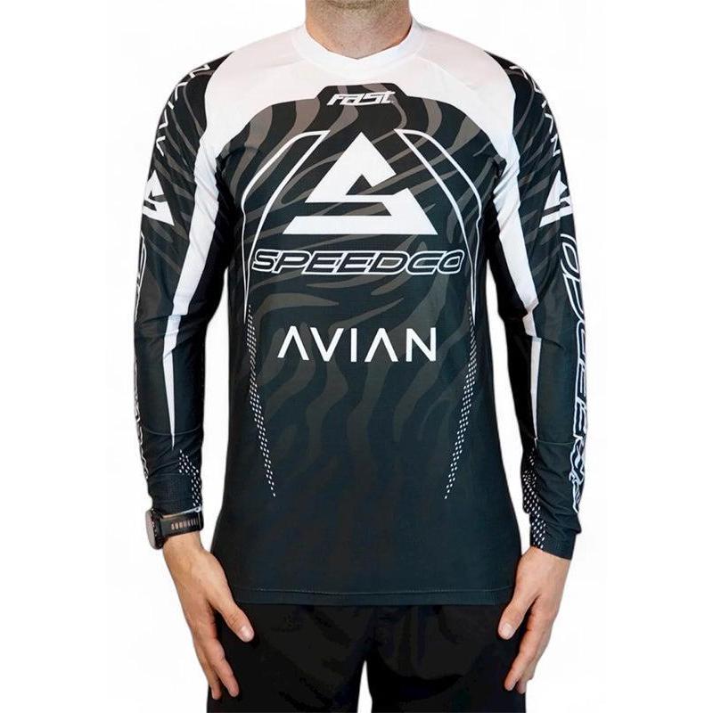 A person wears the Speedco / Avian Race Jersey, a black and white aerodynamic top with "SPEEDCO" and "AVIAN" logos plus bold geometric and wave patterns—ideal for race day.