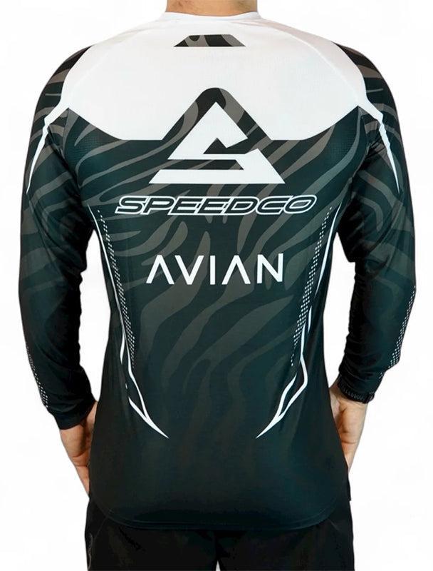 The Speedco / Avian Race Jersey features black and white long sleeves, "Speedco" and "Avian" logos on the back, and delivers a sleek, aerodynamic fit for serious race-day competitors.