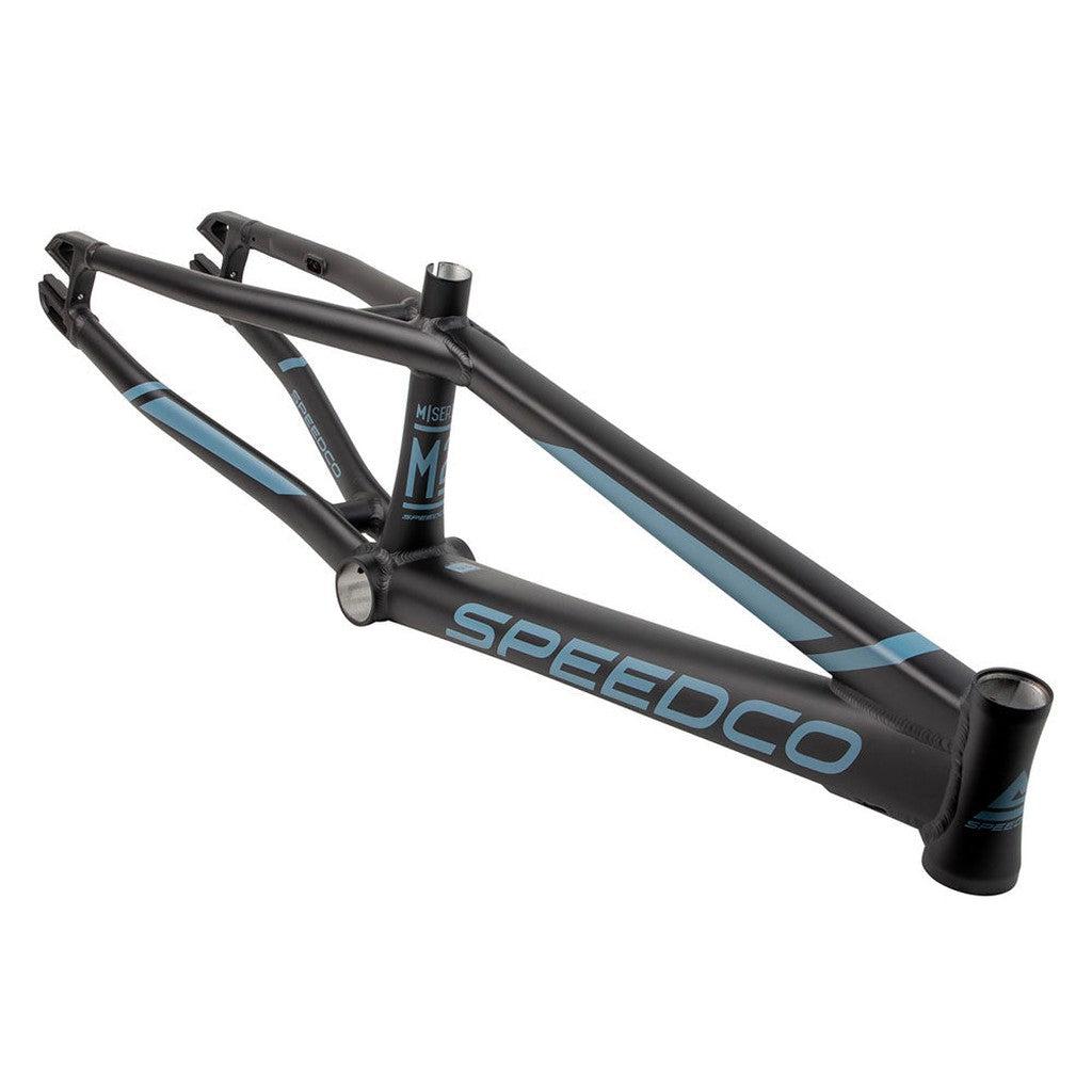 The Speedco Pro XXL Cruiser Frame is a matte black and blue aluminum BMX race frame with “SPEEDCO” on the downtube, designed for racing bikes and featuring internal cable routing for a sleek appearance.