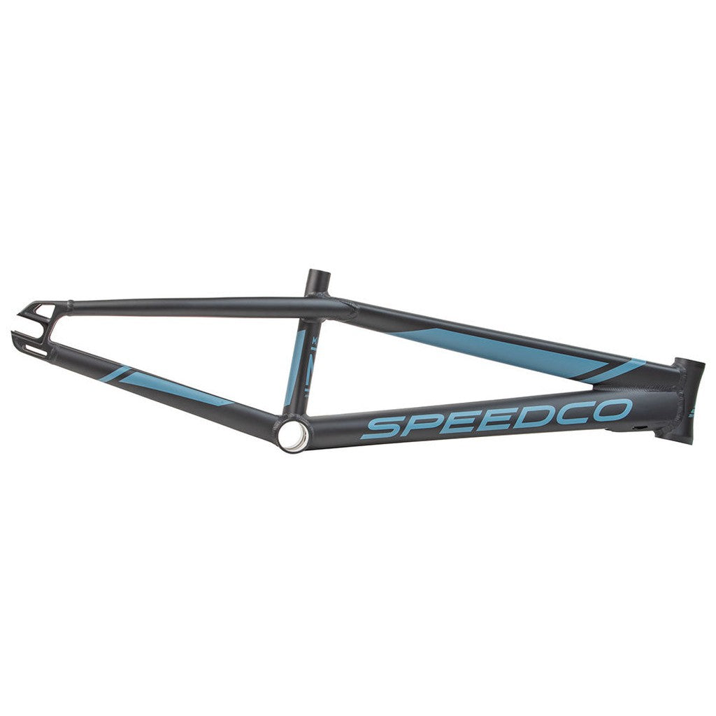 The Speedco M2 Pro XL Frame, made from 7005 aluminum, features a matte black and blue finish, angular design, and bold downtube branding, displayed against a white background.