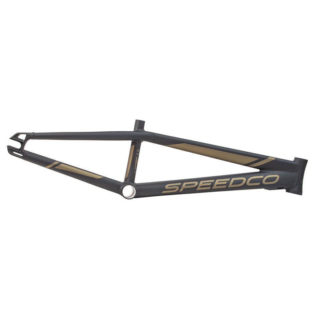 The Speedco M2 Pro XL Frame is a matte black BMX race frame with gold accents and "SPEEDCO" on the bottom tube, crafted from 7005 series aluminium, shown against a white background.