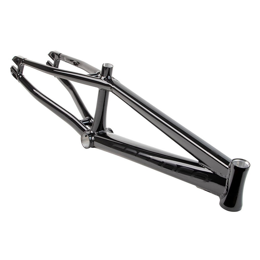 The Speedco M2 Pro XL Frame, a black 7005 series aluminium BMX race frame, is displayed on a white background at an angle to show its top, side, and rear triangle sections.