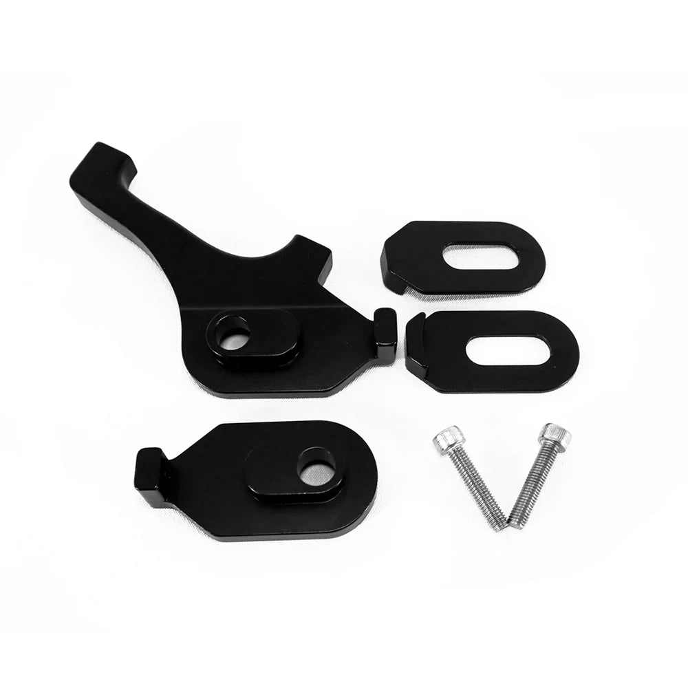 Speedline 120mm Disc Adapter / Chain Tensioner set in black metal, featuring two screws and a variety of mounting pieces, displayed on a white background.
