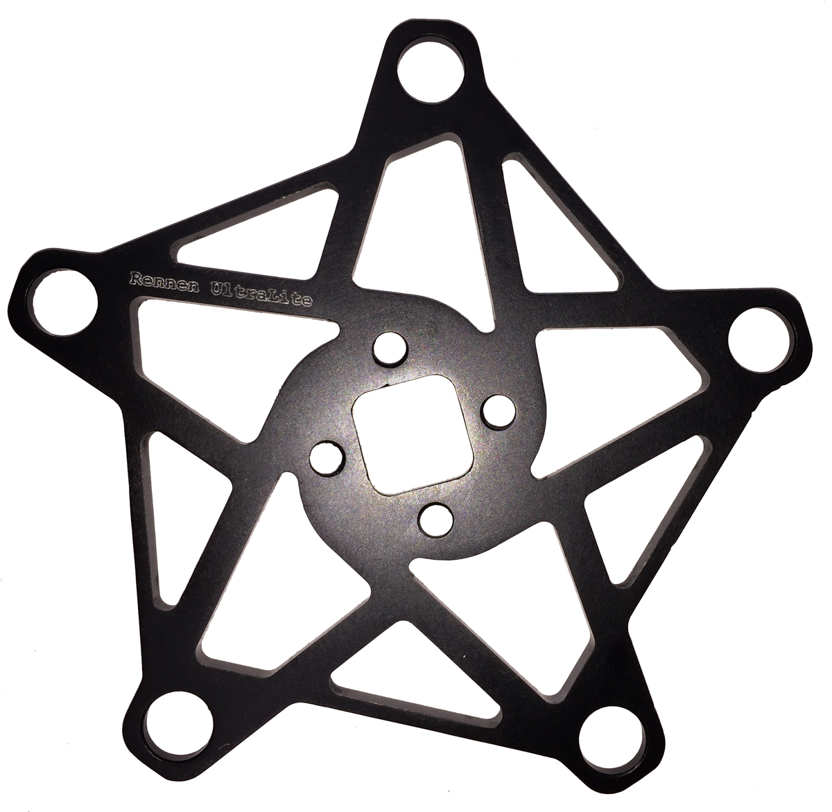Rennen Ultralite Spider is a black metal, star-shaped bracket with a 110mm BCD 5-bolt crank spider pattern, featuring five circular mounting holes, a square central cutout, and additional structural cutouts.
