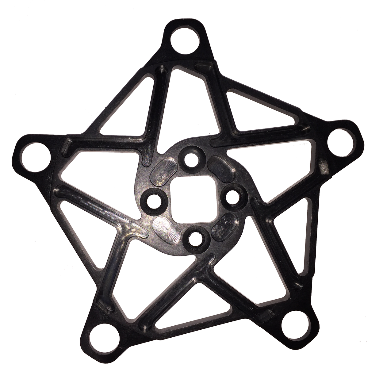 A metal, star-shaped mechanical part with five arms—each arm featuring a circular hole at the end—the Rennen Ultralite Spider is a 5 bolt crank spider with a 110mm BCD and multiple holes in the center for mounting.