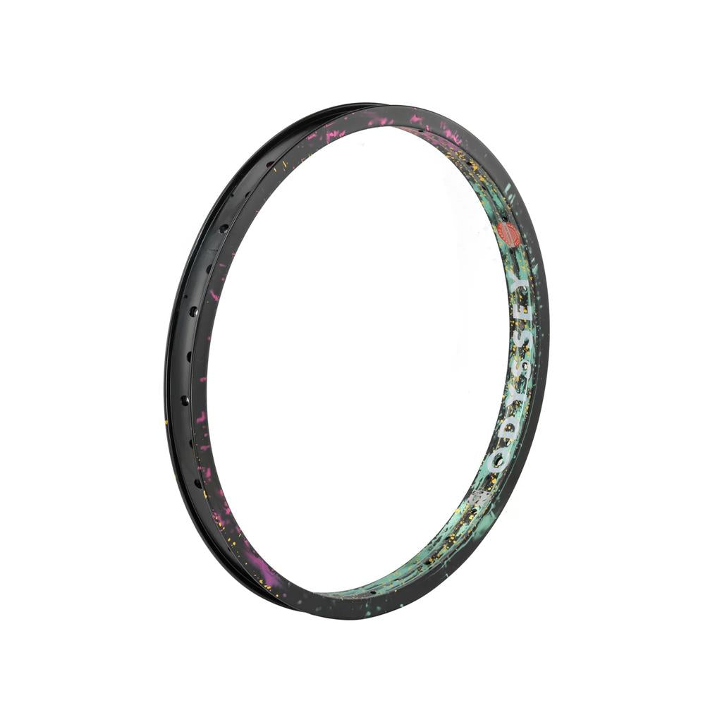 The Odyssey Hazard Lite 40th Anniversary Rim features a bold Oil Slick finish with multicolored splatter accents and "ODYSSEY" branding along the side for standout BMX style.