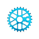 The Mission Nexus Sprocket is a blue 6061 aluminium BMX sprocket featuring multiple cutouts and evenly spaced teeth, shown from above on a white background.