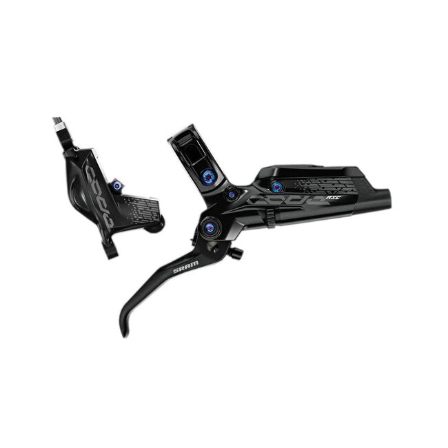 Black SRAM DB Code RSC disc brakes hydraulic disc brake levers and caliper isolated on a white background.