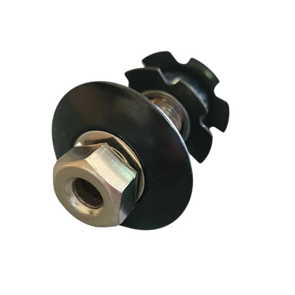 1.1/8 metal screw assembly with a star nut and toothed washer set against a pristine white background, featuring the STAR NUT HOLLOW 1.1/8 TL-666.